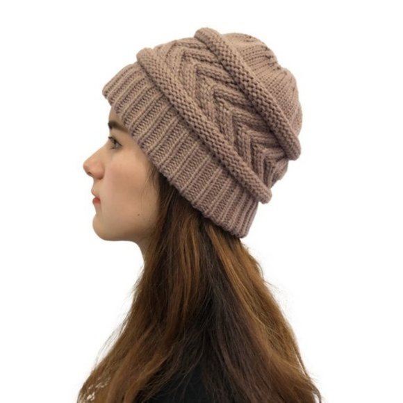 Brown Knit Warm Solid Beige Ponytail Beanie Hat - Picture 2 of 8